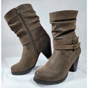 Maurices Rikki Womens 8M Brown Slouch Ankle Boots Buckle Strap Zip Stacked Heel